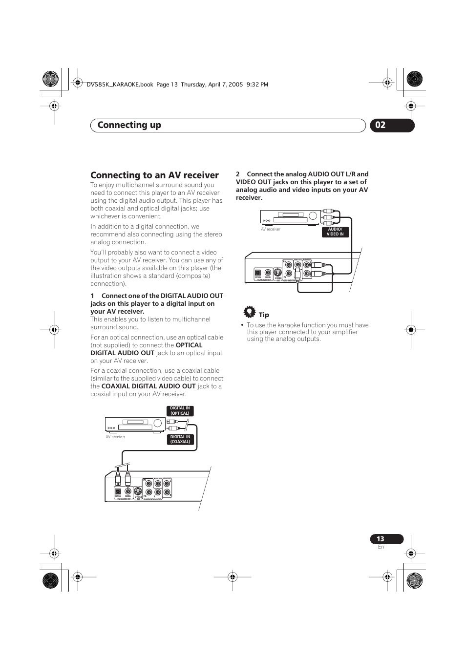 Connecting to an av receiver, Connecting up 02 | Pioneer DV-585K-s User Manual | Page 13 / 44