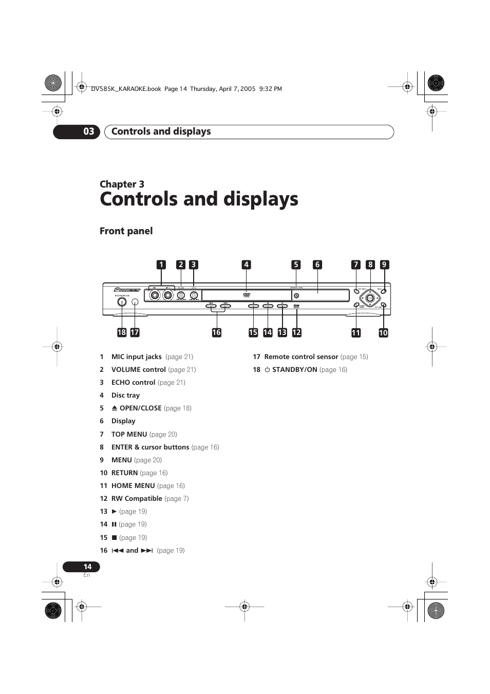 03 controls and displays, Front panel, Controls and displays | Controls and displays 03, Chapter 3 | Pioneer DV-585K-s User Manual | Page 14 / 44