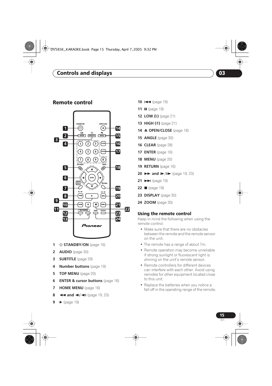 Remote control, Controls and displays 03 | Pioneer DV-585K-s User Manual | Page 15 / 44