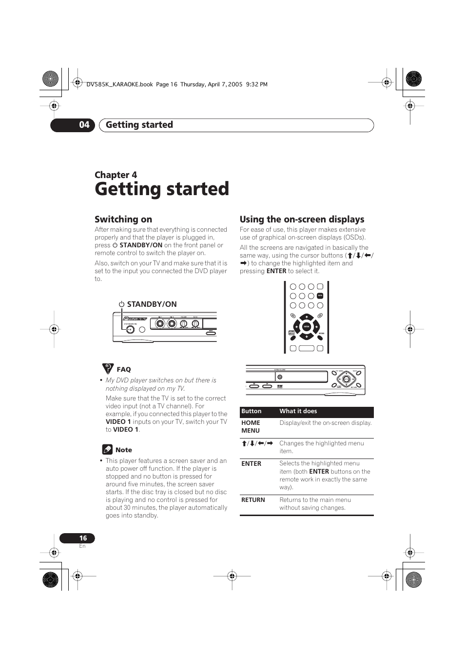 04 getting started, Switching on, Using the on-screen displays | Getting started, Getting started 04, Chapter 4 | Pioneer DV-585K-s User Manual | Page 16 / 44