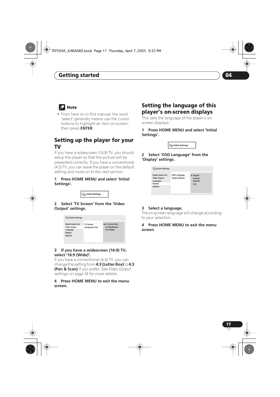 Setting up the player for your tv, Getting started 04 | Pioneer DV-585K-s User Manual | Page 17 / 44