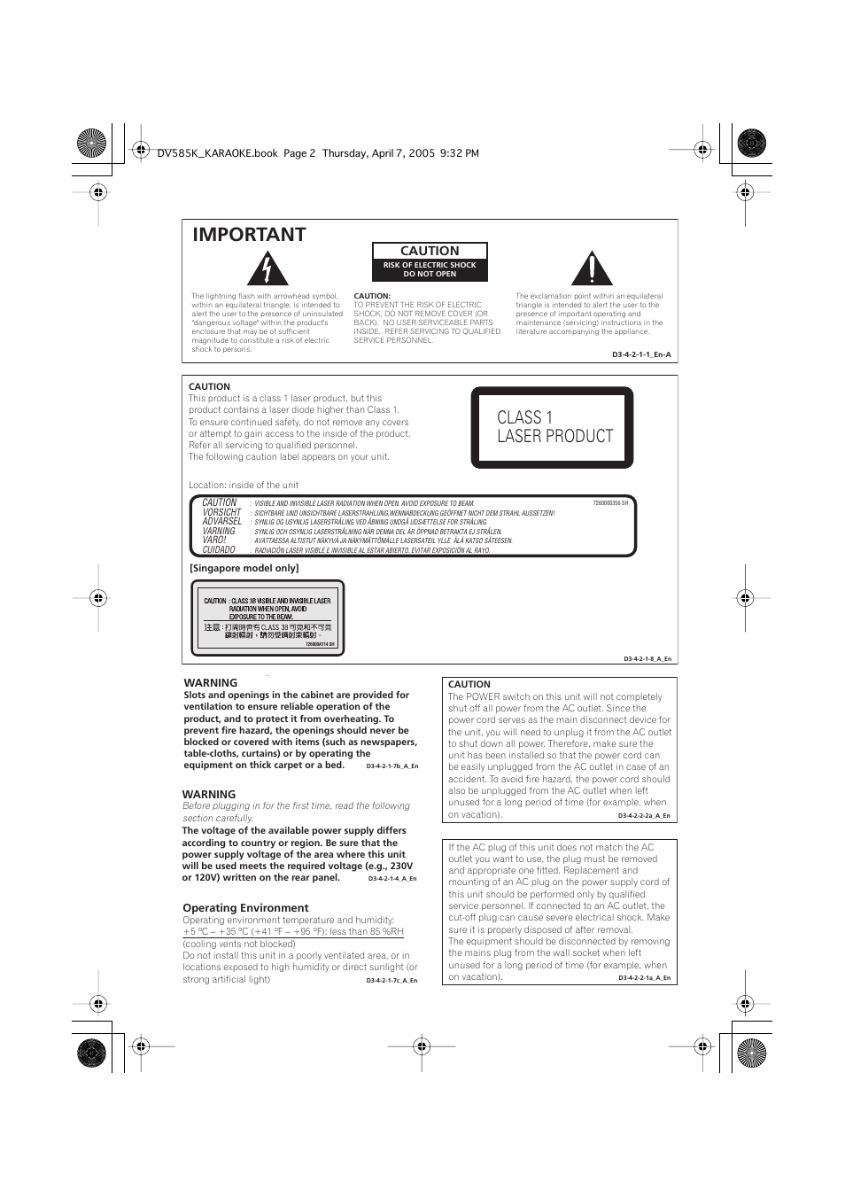 Important, Class 1 laser product, Caution | Pioneer DV-585K-s User Manual | Page 2 / 44