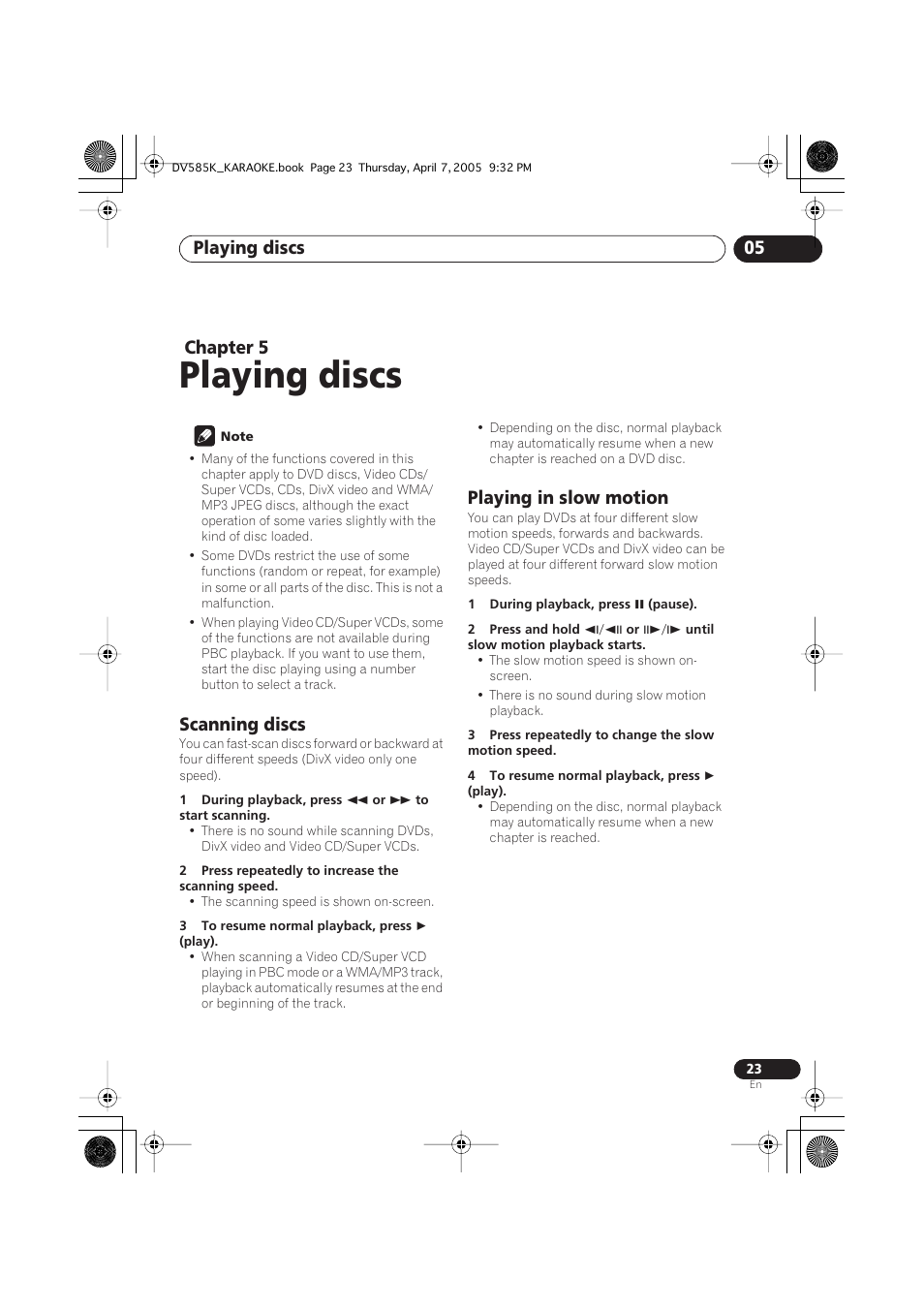 05 playing discs, Scanning discs, Playing in slow motion | Playing discs, Playing discs 05, Chapter 5 | Pioneer DV-585K-s User Manual | Page 23 / 44