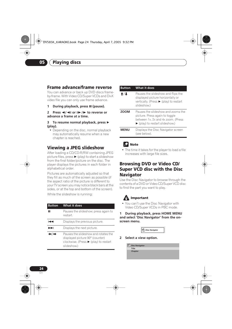 Frame advance/frame reverse, Viewing a jpeg slideshow, Playing discs 05 | Pioneer DV-585K-s User Manual | Page 24 / 44