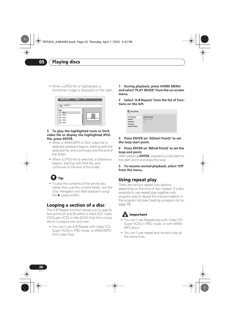 Looping a section of a disc, Using repeat play, Playing discs 05 | Pioneer DV-585K-s User Manual | Page 26 / 44