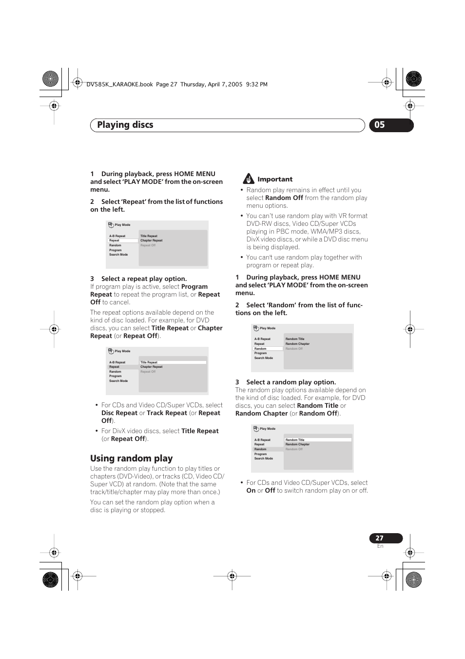 Using random play, Playing discs 05 | Pioneer DV-585K-s User Manual | Page 27 / 44