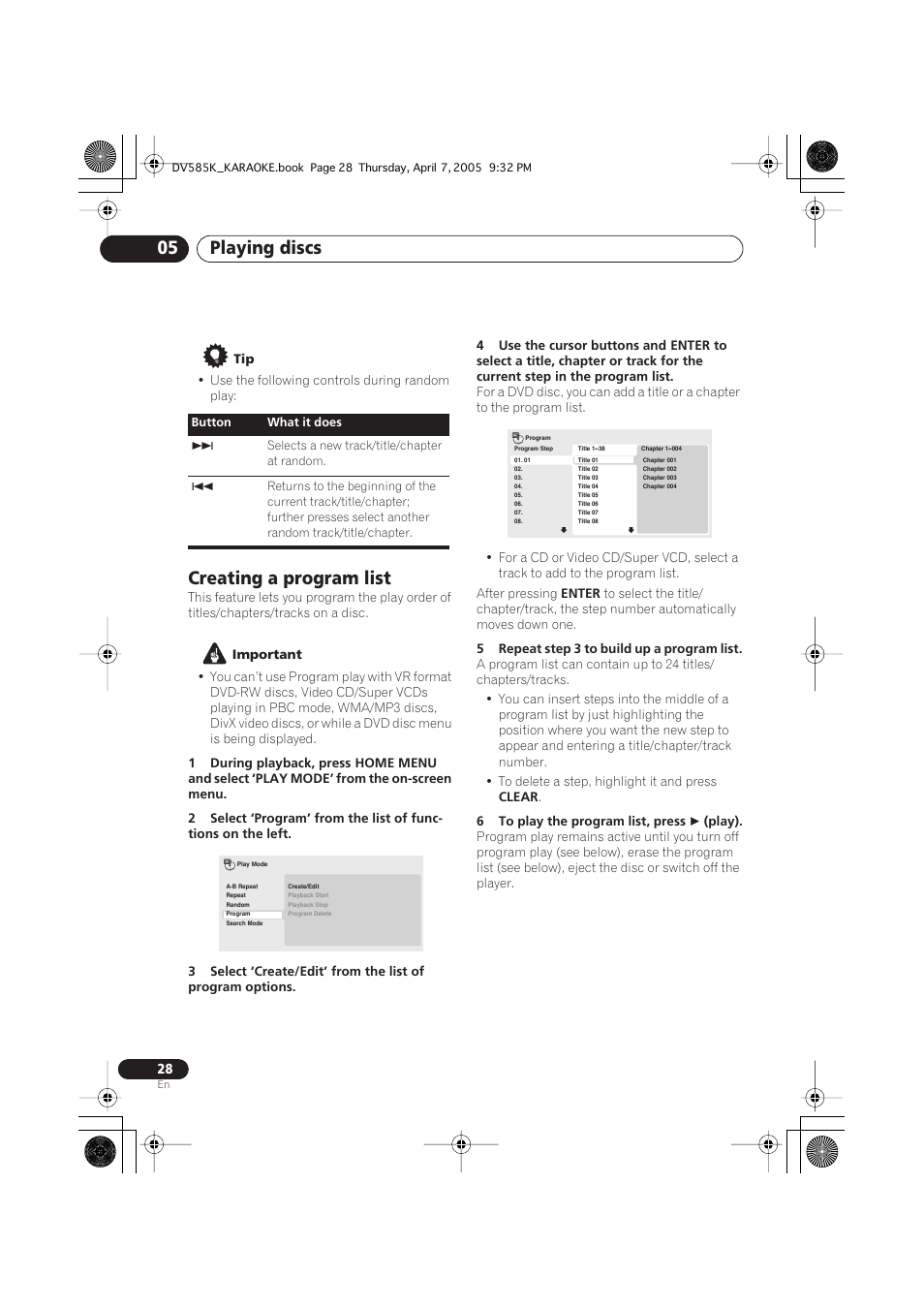 Creating a program list, Playing discs 05 | Pioneer DV-585K-s User Manual | Page 28 / 44