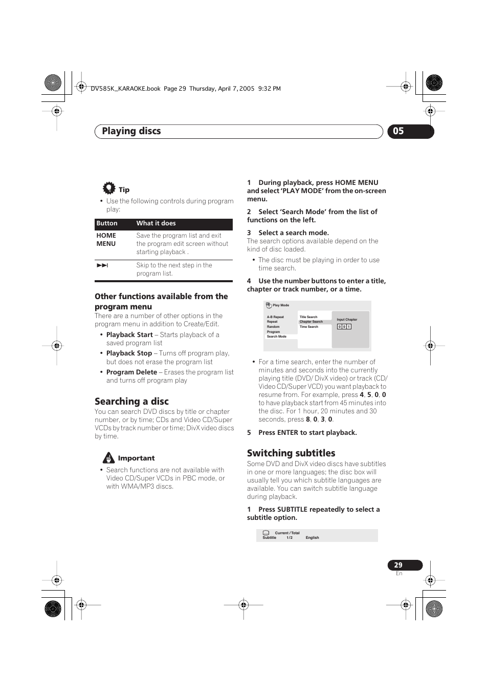 Searching a disc, Switching subtitles, Playing discs 05 | Pioneer DV-585K-s User Manual | Page 29 / 44