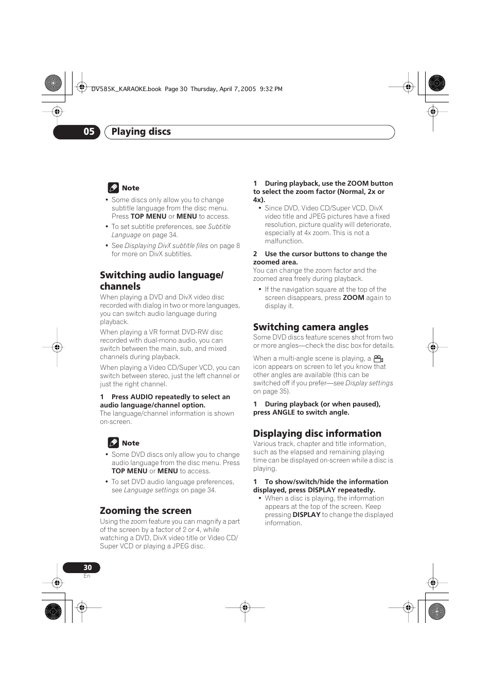 Switching audio language/channels, Zooming the screen, Switching camera angles | Displaying disc information, Playing discs 05, Switching audio language/ channels | Pioneer DV-585K-s User Manual | Page 30 / 44