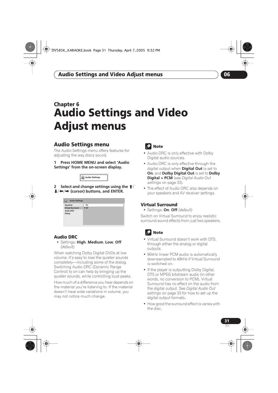 06 audio settings and video adjust menus, Audio settings menu, Audio settings and video adjust menus | Audio settings and video adjust menus 06, Chapter 6 | Pioneer DV-585K-s User Manual | Page 31 / 44