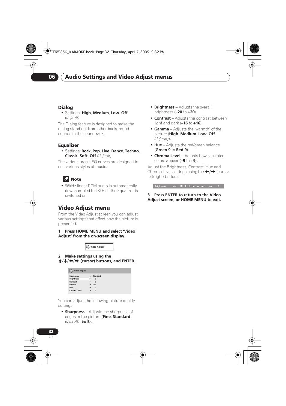 Video adjust menu, Audio settings and video adjust menus 06 | Pioneer DV-585K-s User Manual | Page 32 / 44