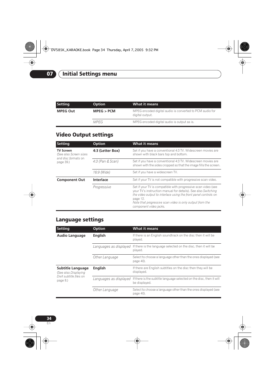 Video output settings, Language settings, Initial settings menu 07 | Video output settings language settings | Pioneer DV-585K-s User Manual | Page 34 / 44