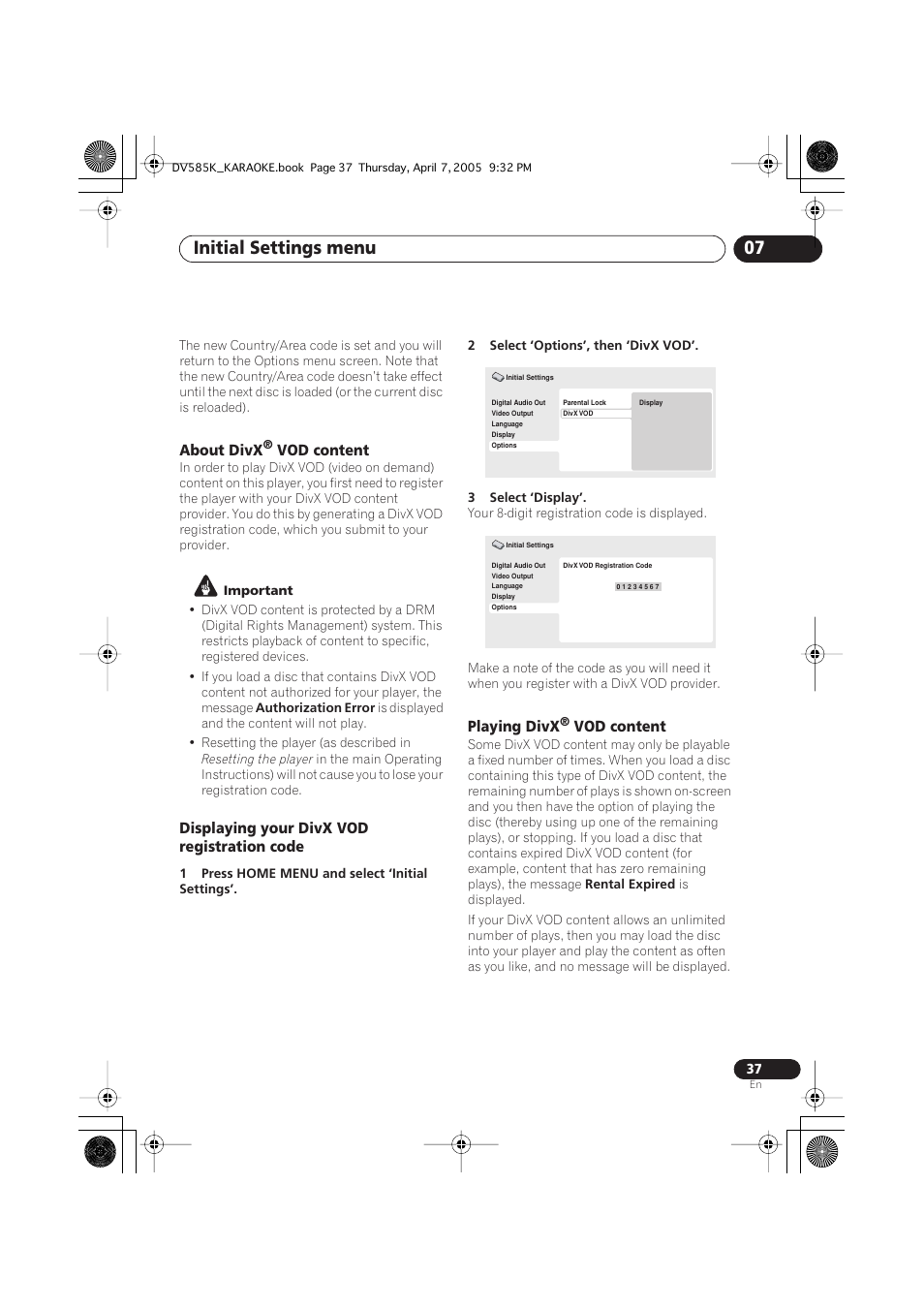 Initial settings menu 07, About divx, Vod content | Displaying your divx vod registration code, Playing divx | Pioneer DV-585K-s User Manual | Page 37 / 44