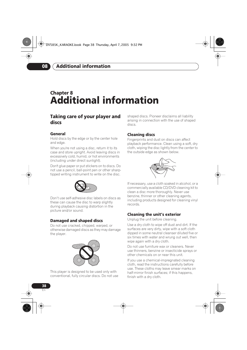 08 additional information, Taking care of your player and discs, Additional information | Additional information 08, Chapter 8 | Pioneer DV-585K-s User Manual | Page 38 / 44