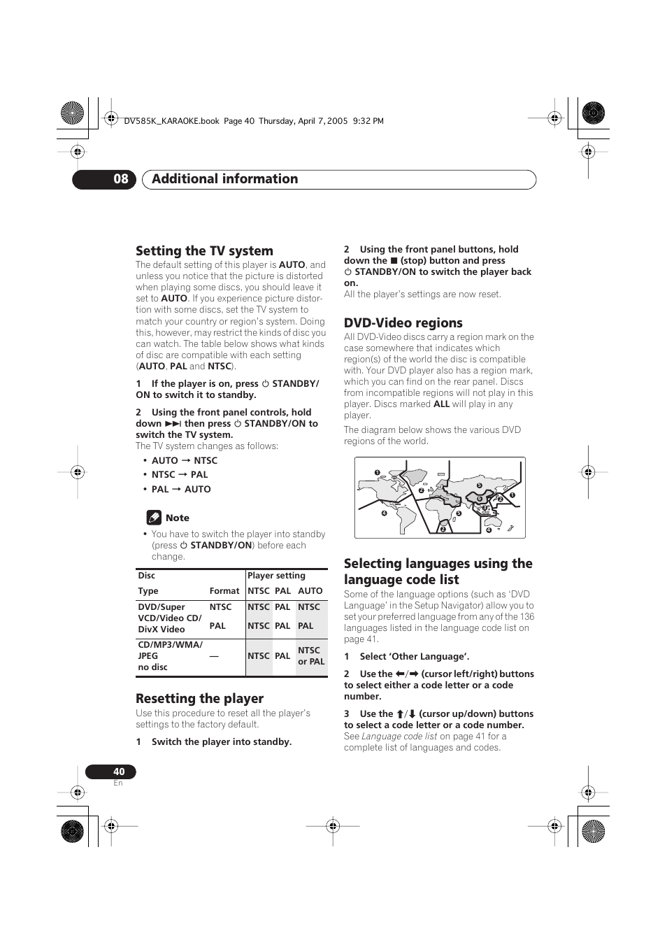 Setting the tv system, Resetting the player, Dvd-video regions | Selecting languages using the language code list, Additional information 08 | Pioneer DV-585K-s User Manual | Page 40 / 44