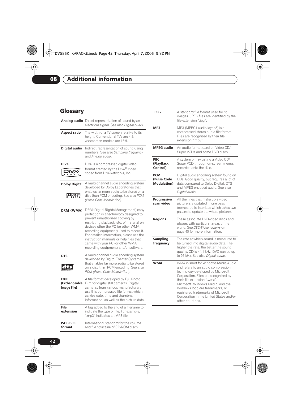 Glossary, Additional information 08 | Pioneer DV-585K-s User Manual | Page 42 / 44