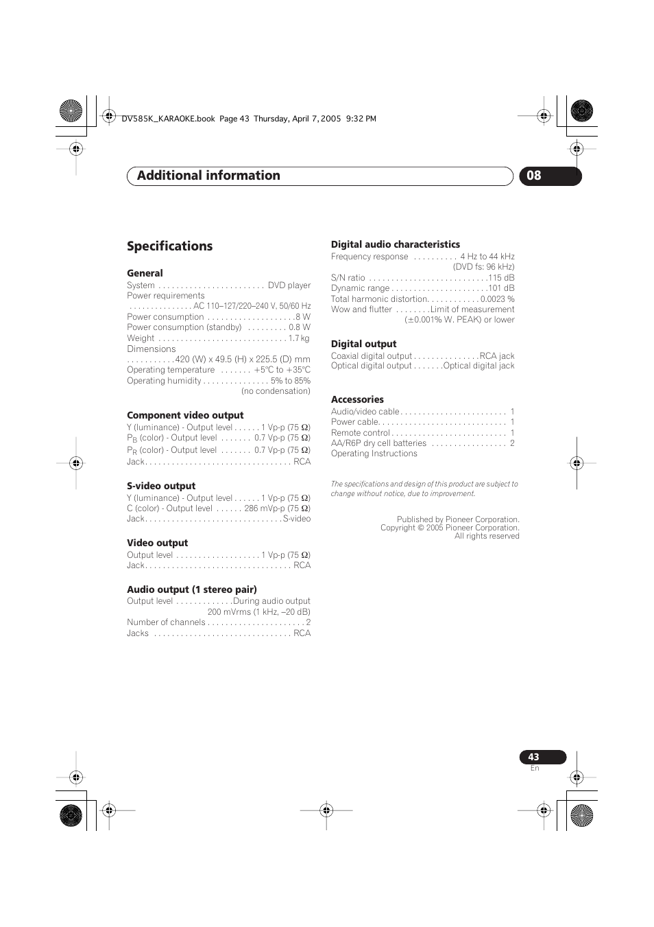 Specifications, Additional information 08 | Pioneer DV-585K-s User Manual | Page 43 / 44