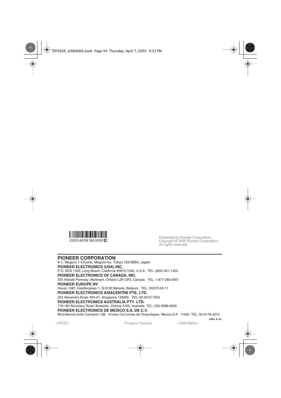 Pioneer corporation | Pioneer DV-585K-s User Manual | Page 44 / 44