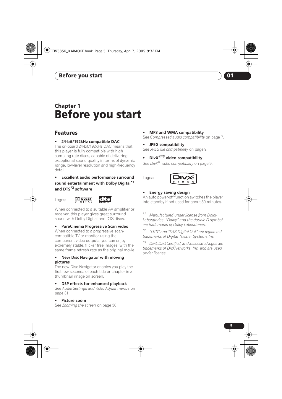 01 before you start, Features, Before you start | Before you start 01, Chapter 1 | Pioneer DV-585K-s User Manual | Page 5 / 44