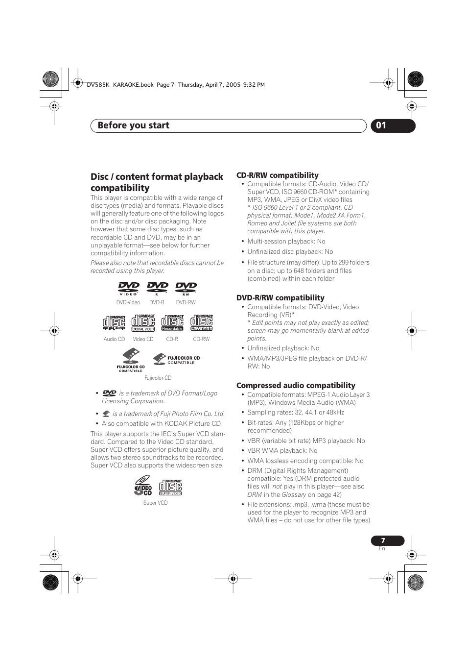 Disc / content format playback compatibility, Before you start 01 | Pioneer DV-585K-s User Manual | Page 7 / 44