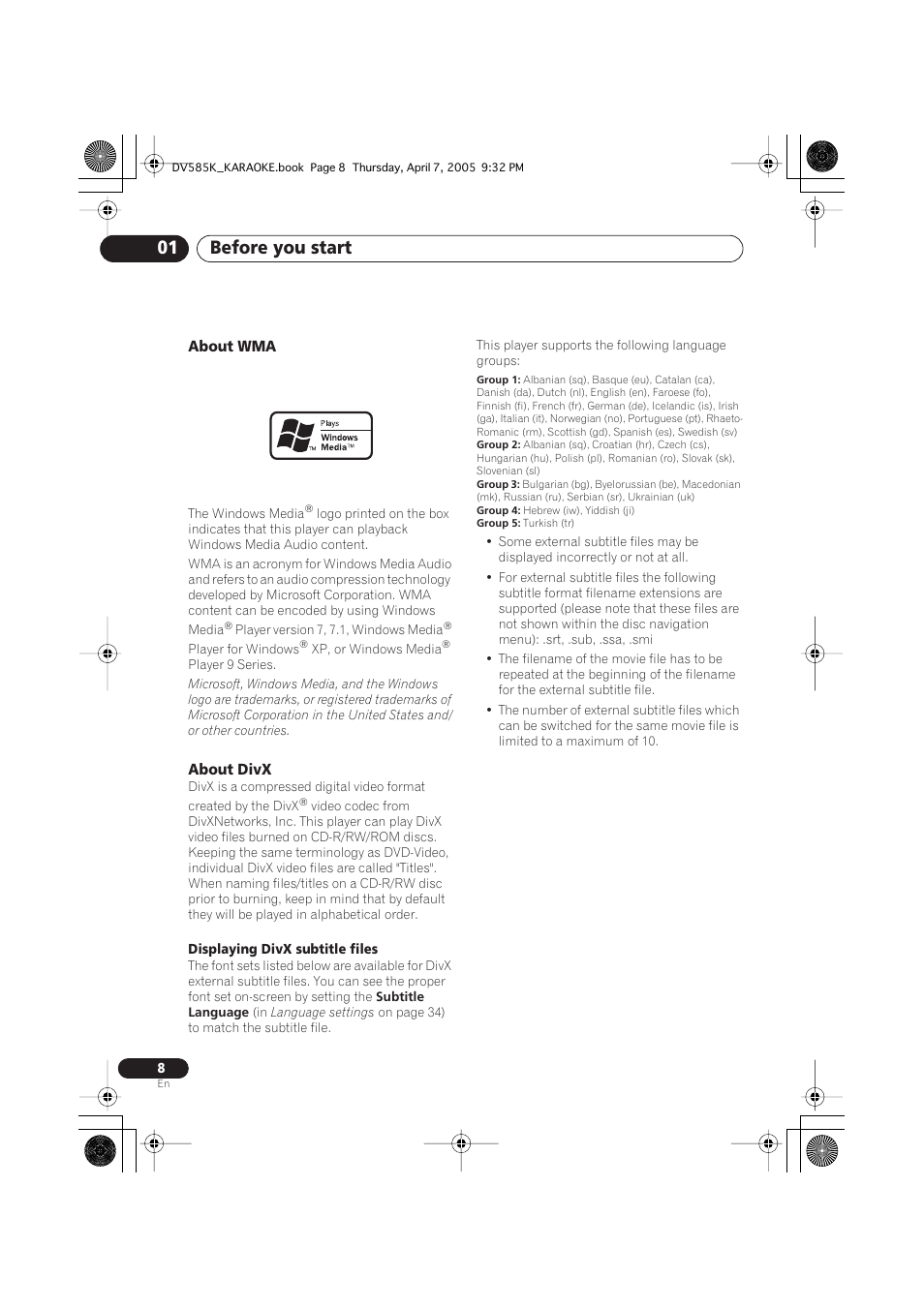 Before you start 01, About wma, About divx | Pioneer DV-585K-s User Manual | Page 8 / 44