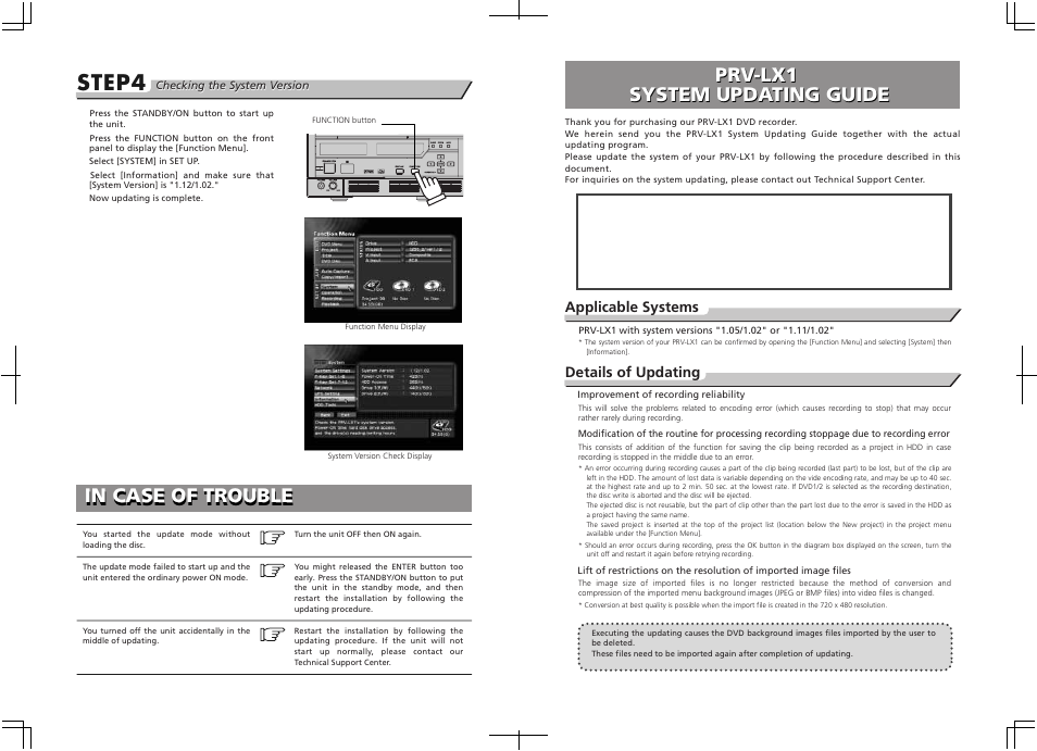 Step4, Prv-lx1 system updating guide, Prv-lx1 system updating guide in case of trouble | Pioneer PRV LX1 User Manual | Page 2 / 2