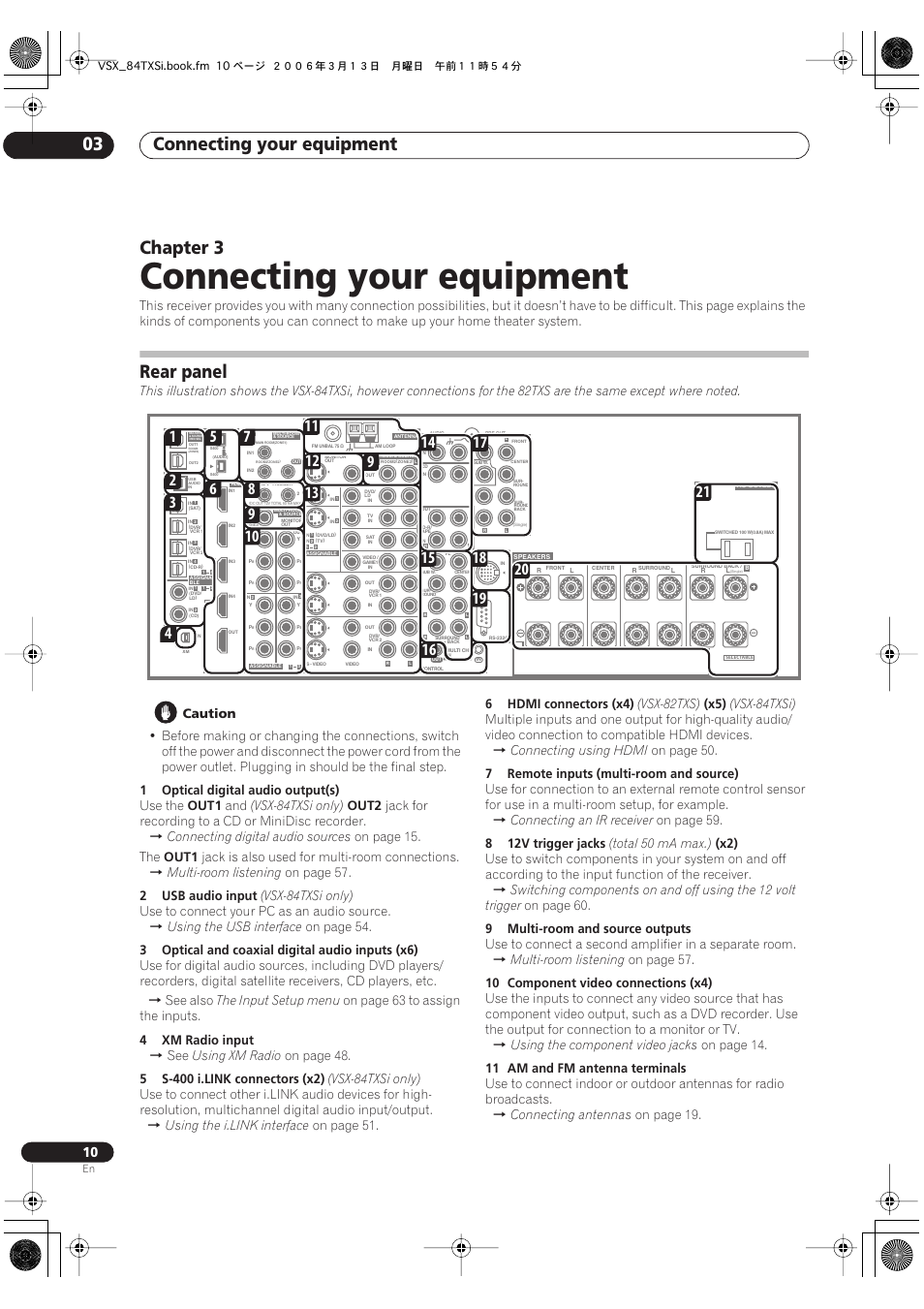 03 connecting your equipment, Rear panel, Connecting your equipment | Connecting your equipment 03, Chapter 3, Caution, 1optical digital audio output(s), Use the, Out1, Vsx-84txsi only) | Pioneer VSX-82TXS-S User Manual | Page 10 / 92