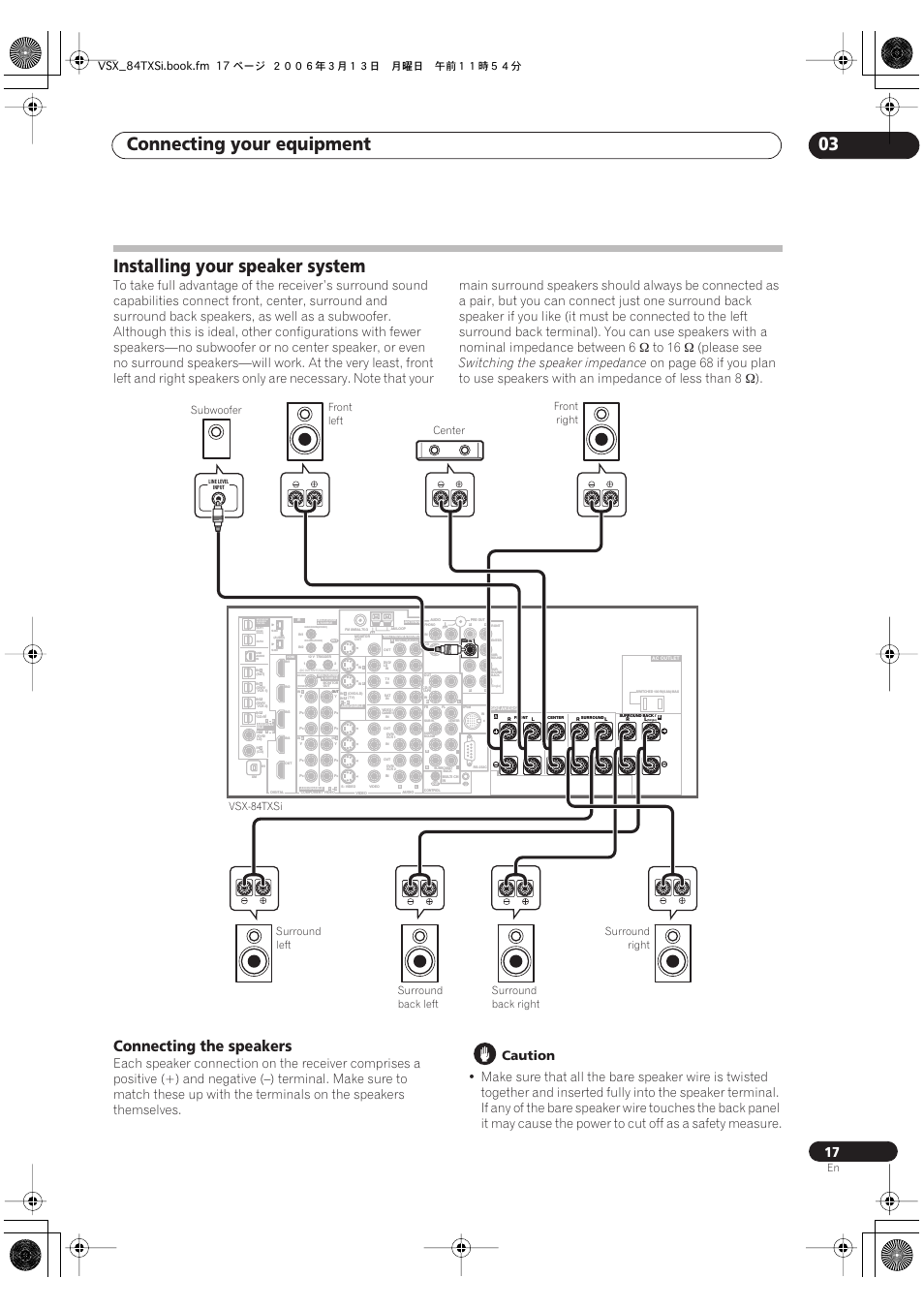 Installing your speaker system, Connecting the speakers, Connecting your equipment 03 | Please see, Switching the speaker impedance, Caution | Pioneer VSX-82TXS-S User Manual | Page 17 / 92