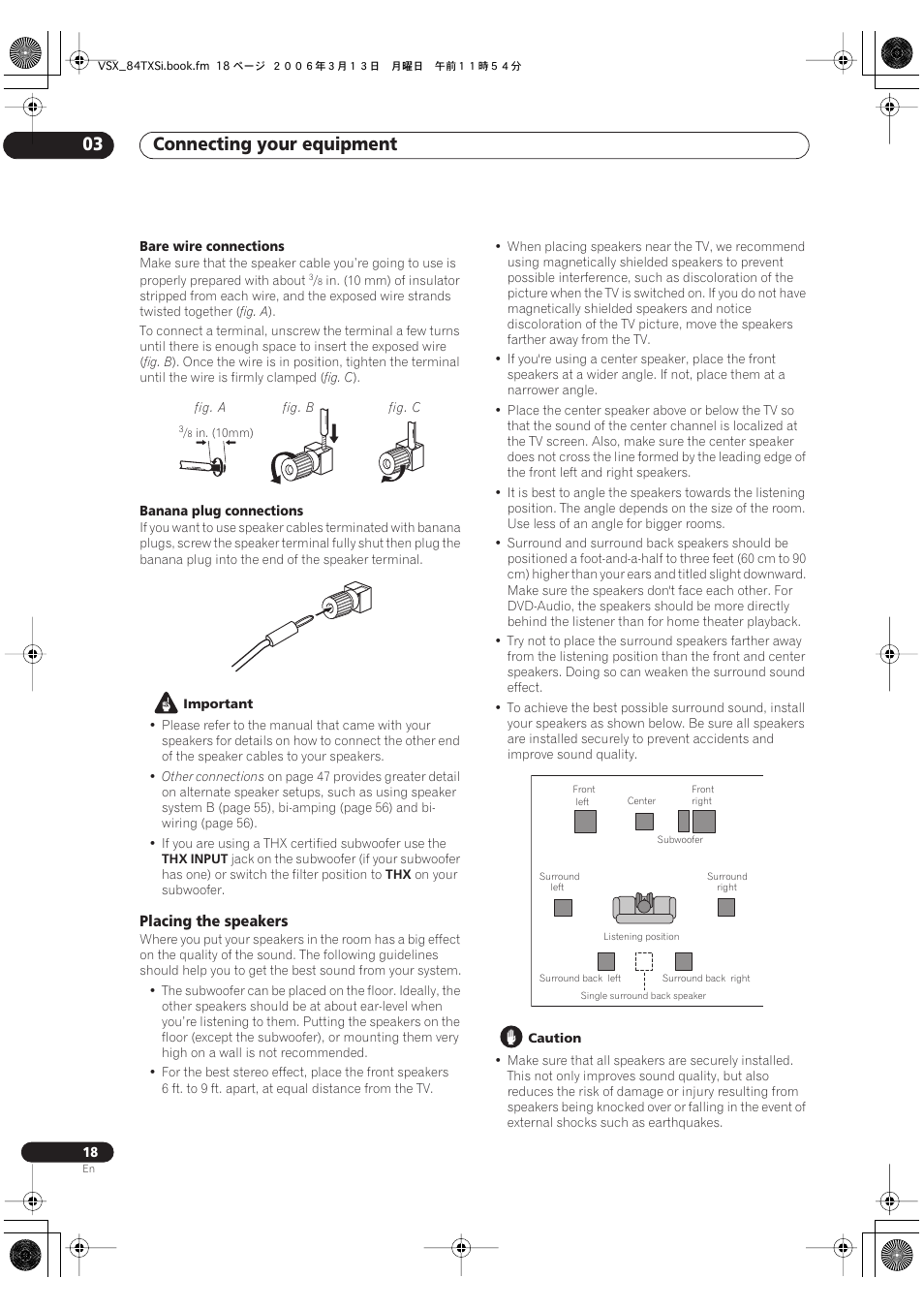 Placing the speakers, Connecting your equipment 03 | Pioneer VSX-82TXS-S User Manual | Page 18 / 92