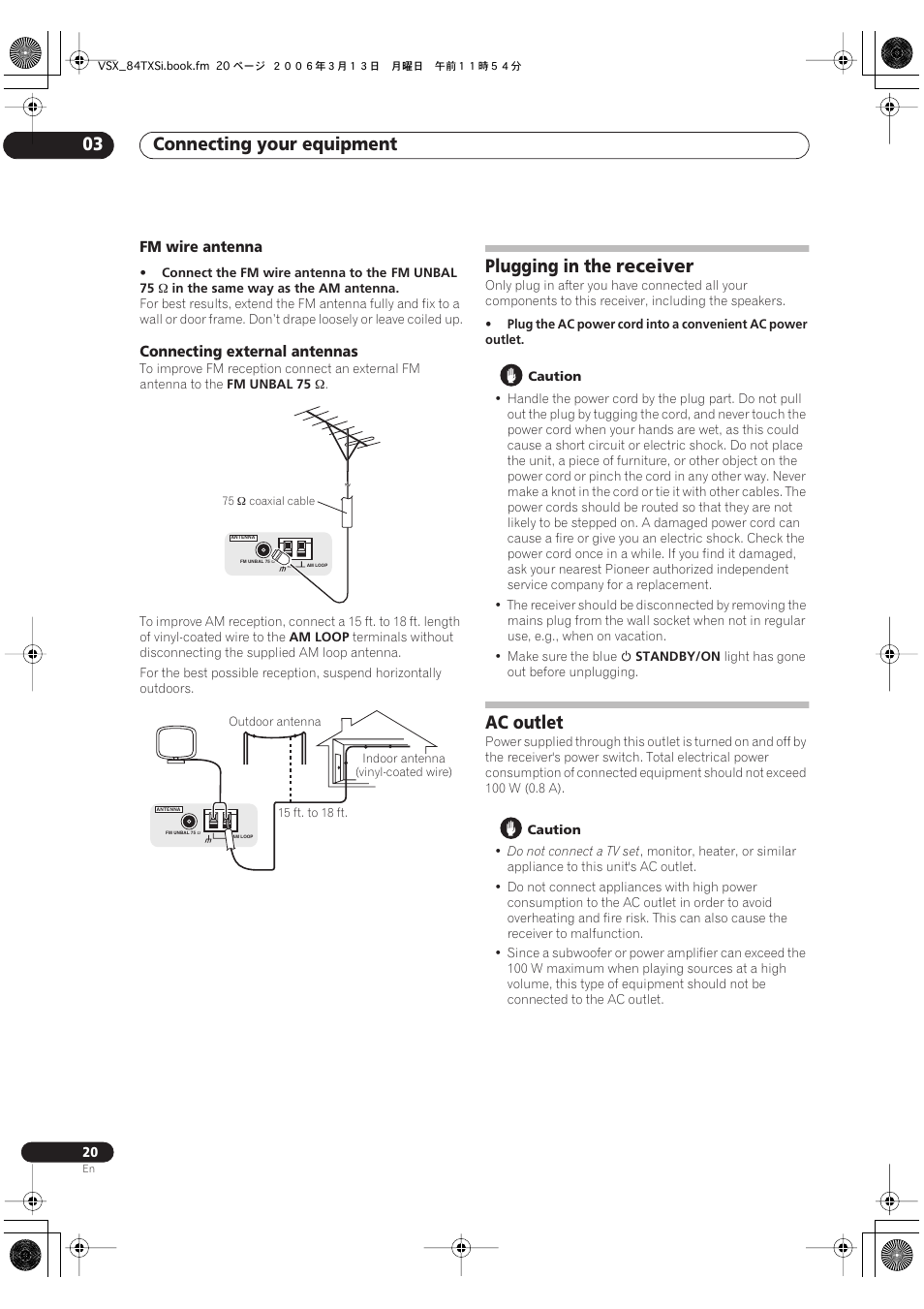 Fm wire antenna connecting external antennas, Plugging in the receiver ac outlet, Connecting your equipment 03 | Plugging in the receiver, Ac outlet | Pioneer VSX-82TXS-S User Manual | Page 20 / 92