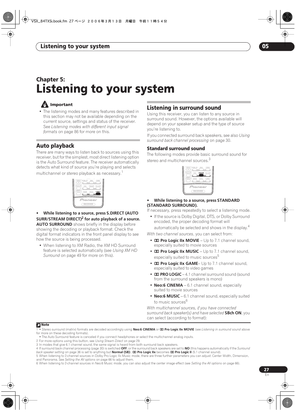 05 listening to your system, Auto playback listening in surround sound, Standard surround sound | Listening to your system, Listening to your system 05, Chapter 5, Auto playback, Listening in surround sound | Pioneer VSX-82TXS-S User Manual | Page 27 / 92