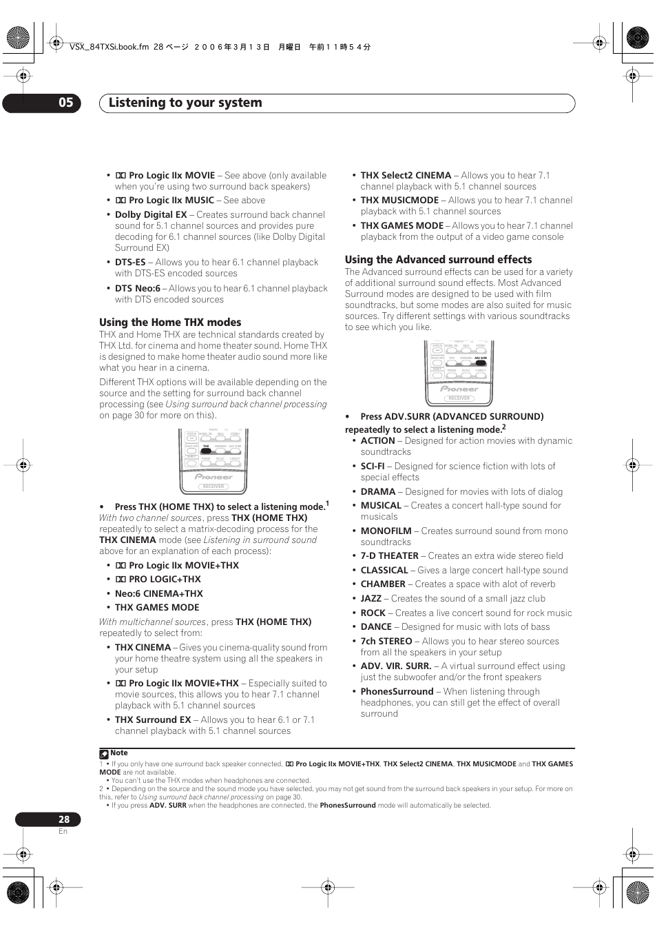 Listening to your system 05, Using the home thx modes, Using the advanced surround effects | Pioneer VSX-82TXS-S User Manual | Page 28 / 92