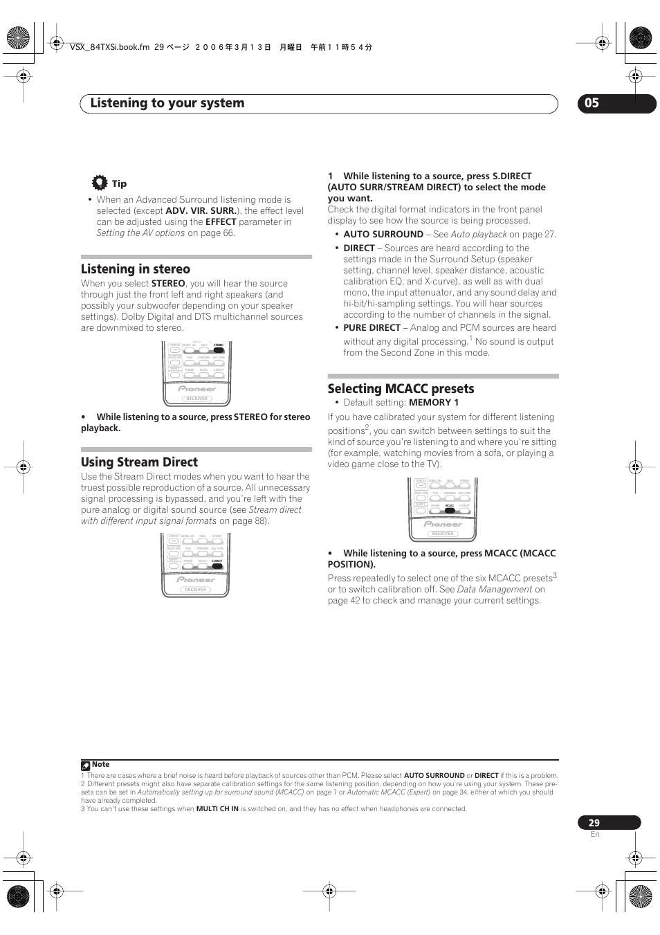 Listening to your system 05, Listening in stereo, Using stream direct | Selecting mcacc presets | Pioneer VSX-82TXS-S User Manual | Page 29 / 92