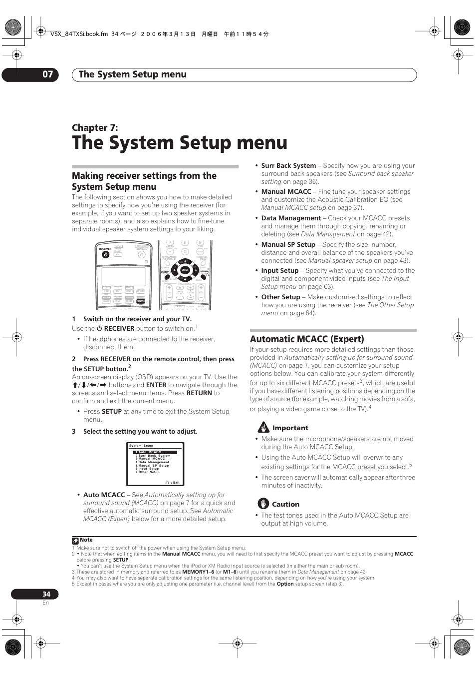 07 the system setup menu, The system setup menu, The system setup menu 07 | Chapter 7, Automatic mcacc (expert) | Pioneer VSX-82TXS-S User Manual | Page 34 / 92