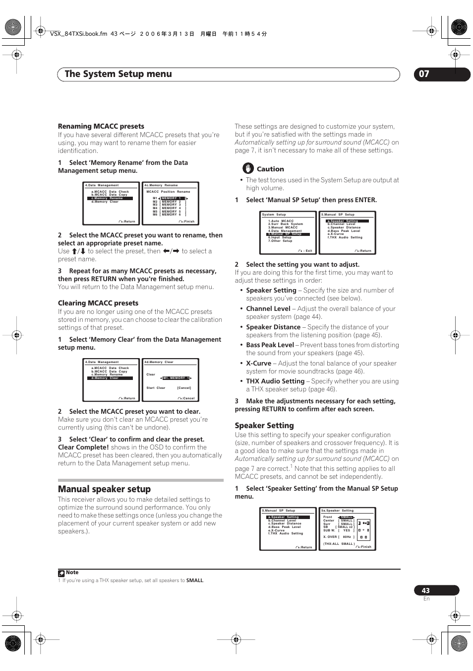 Manual speaker setup, Speaker setting, The system setup menu 07 | Pioneer VSX-82TXS-S User Manual | Page 43 / 92