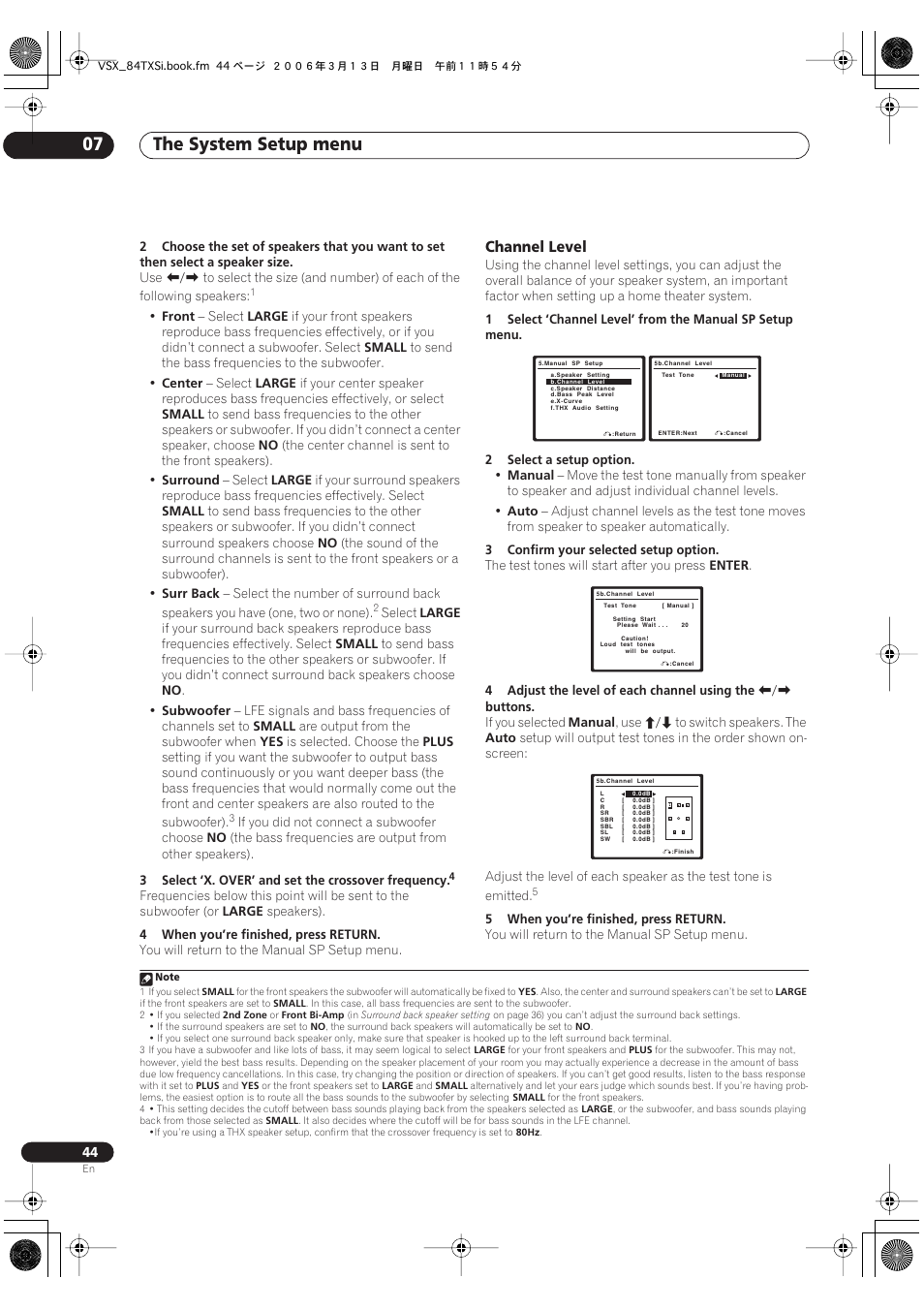Channel level, The system setup menu 07 | Pioneer VSX-82TXS-S User Manual | Page 44 / 92