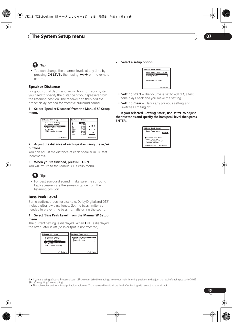 Speaker distance bass peak level, The system setup menu 07, Speaker distance | Bass peak level | Pioneer VSX-82TXS-S User Manual | Page 45 / 92