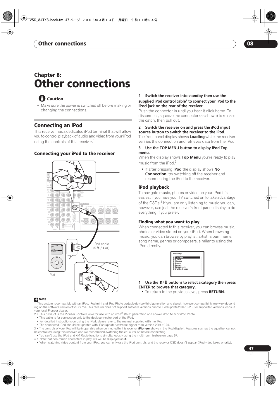 08 other connections, Connecting an ipod, Connecting your ipod to the receiver ipod playback | Other connections, Other connections 08, Chapter 8, Connecting your ipod to the receiver, Ipod playback, Finding what you want to play, Caution | Pioneer VSX-82TXS-S User Manual | Page 47 / 92