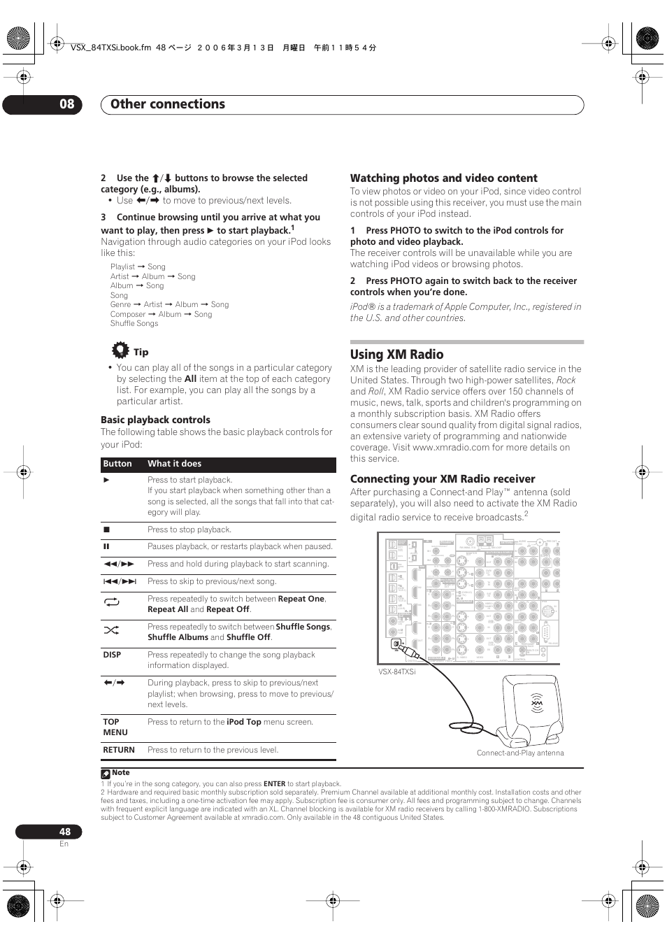 Watching photos and video content, Using xm radio, Connecting your xm radio receiver | Other connections 08, Basic playback controls, 2use the, 2press, Photo, Rock, Roll | Pioneer VSX-82TXS-S User Manual | Page 48 / 92
