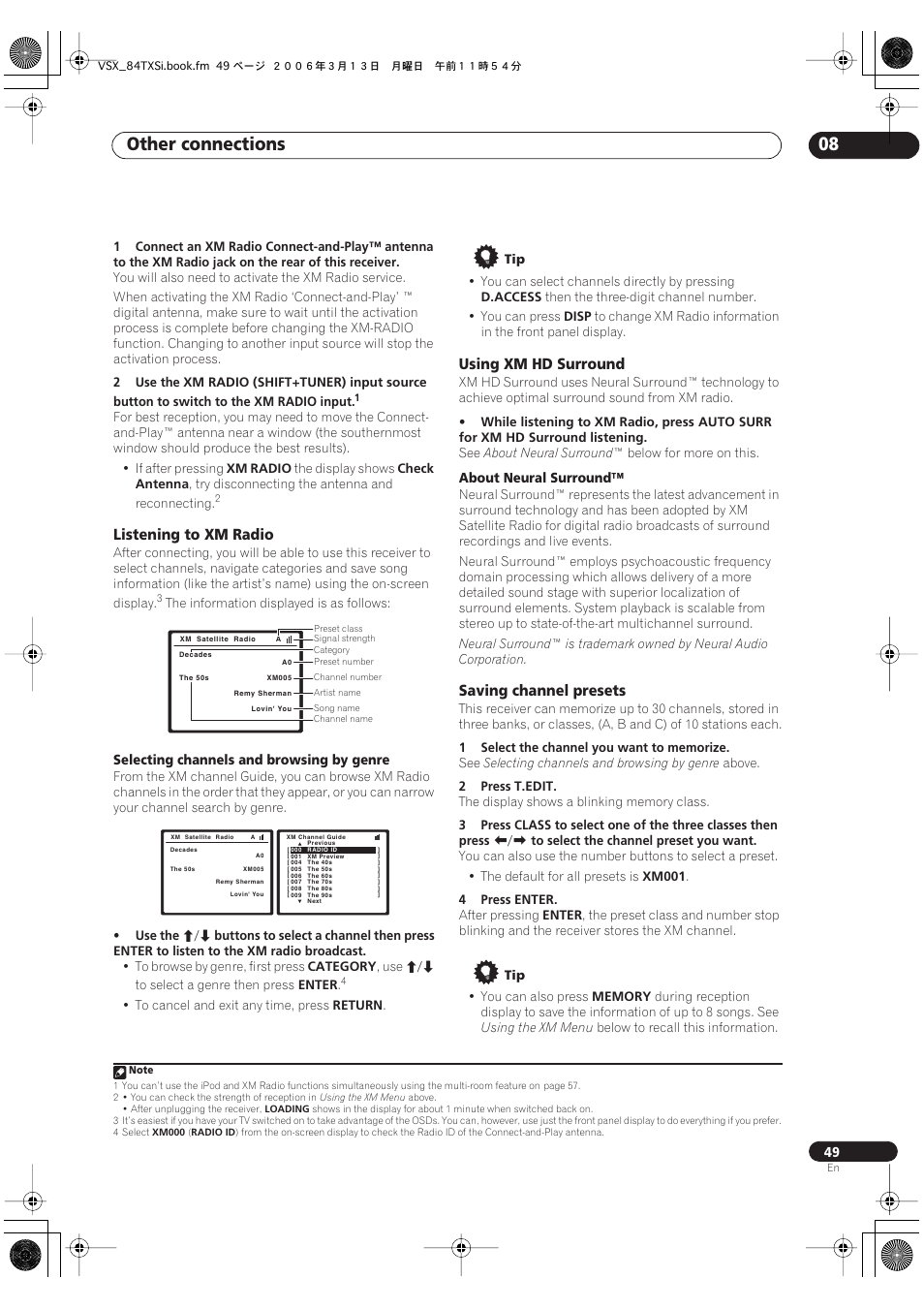 Other connections 08, Listening to xm radio, Using xm hd surround | Saving channel presets | Pioneer VSX-82TXS-S User Manual | Page 49 / 92