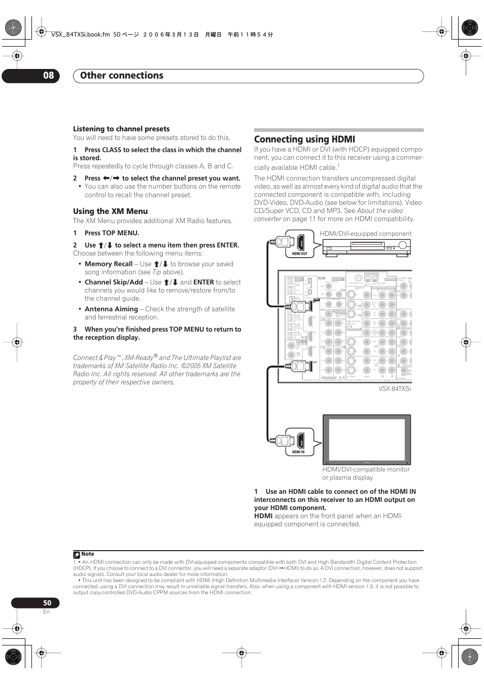 Using the xm menu, Connecting using hdmi, Other connections 08 | Listening to channel presets, 2press, The xm menu provides additional xm radio features, 1press, Top menu, 2 use, Enter | Pioneer VSX-82TXS-S User Manual | Page 50 / 92