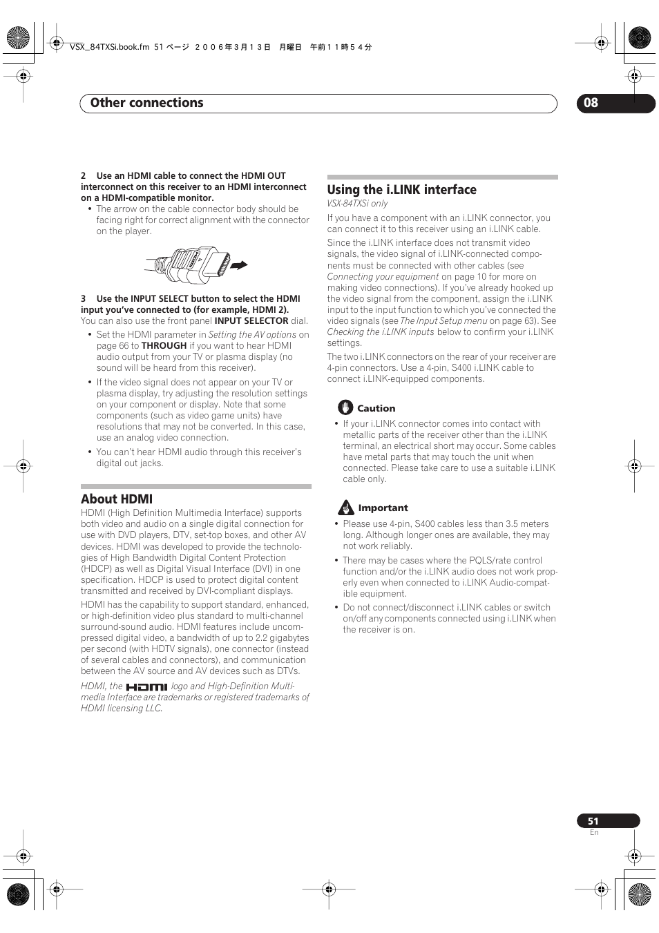 About hdmi using the i.link interface, Other connections 08, About hdmi | Using the i.link interface | Pioneer VSX-82TXS-S User Manual | Page 51 / 92
