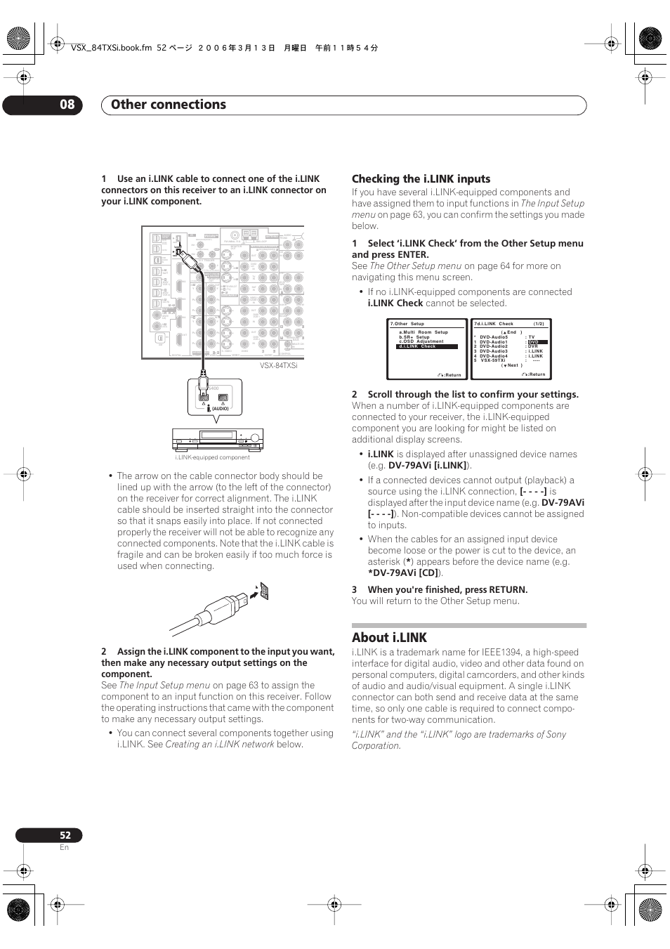 Checking the i.link inputs, About i.link, Other connections 08 | The input setup menu, Creating an i.link network, Below, The other setup menu, I.link check, Cannot be selected, 2scroll through the list to confirm your settings | Pioneer VSX-82TXS-S User Manual | Page 52 / 92