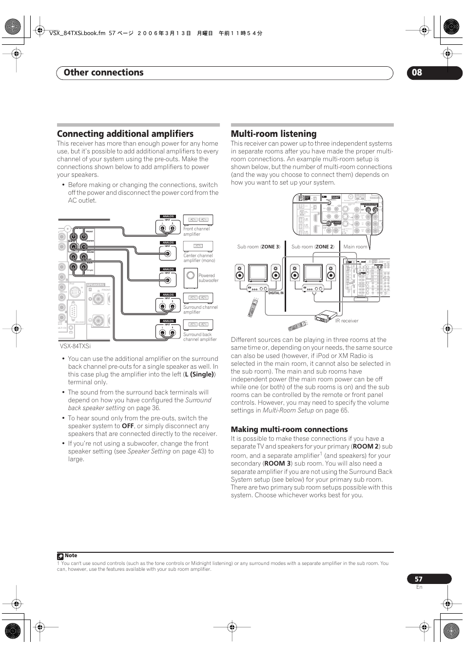 Making multi-room connections, Other connections 08, Connecting additional amplifiers | Multi-room listening | Pioneer VSX-82TXS-S User Manual | Page 57 / 92