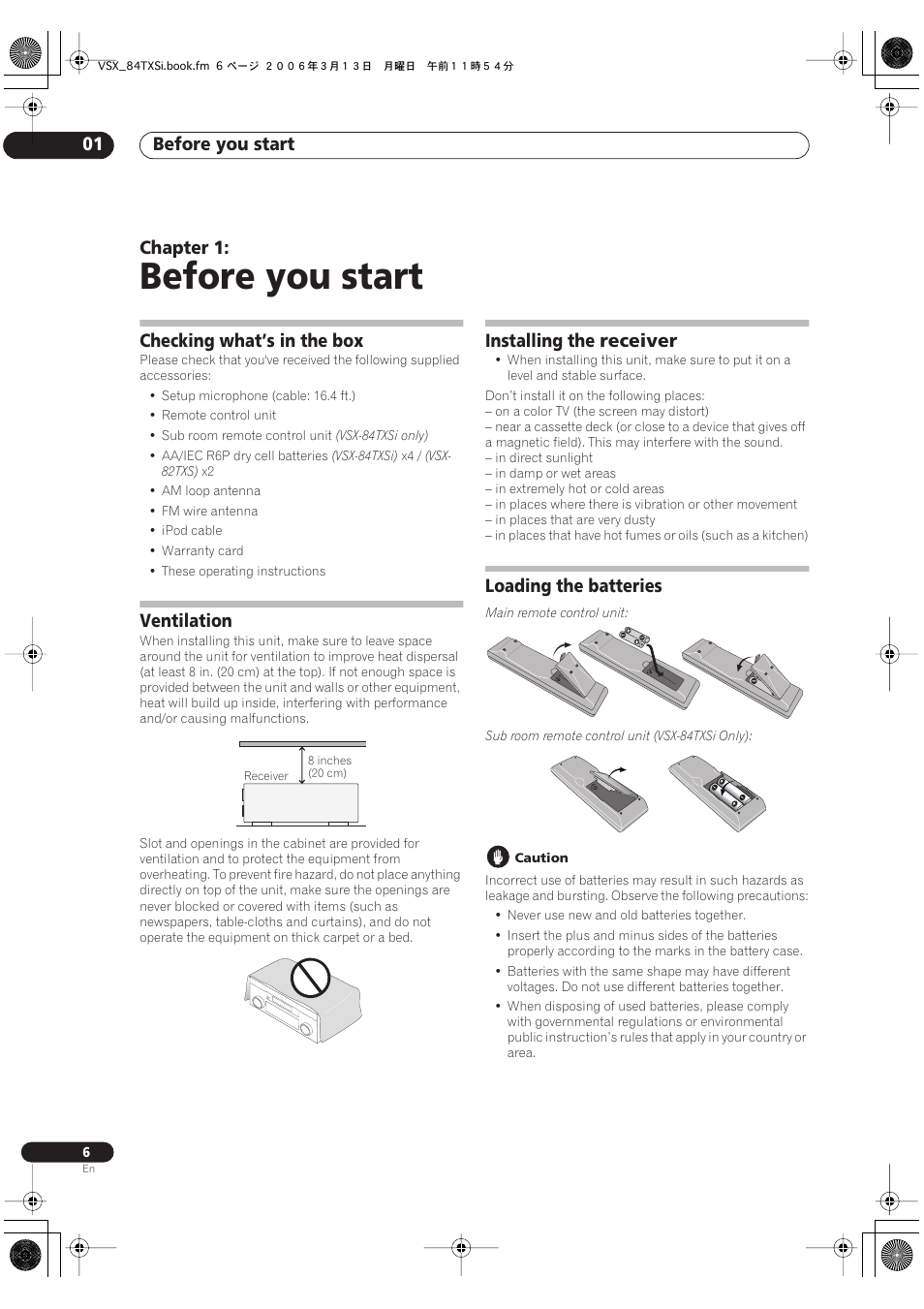 01 before you start, Before you start, Before you start 01 | Chapter 1, Checking what’s in the box, Ventilation, Installing the receiver, Loading the batteries | Pioneer VSX-82TXS-S User Manual | Page 6 / 92