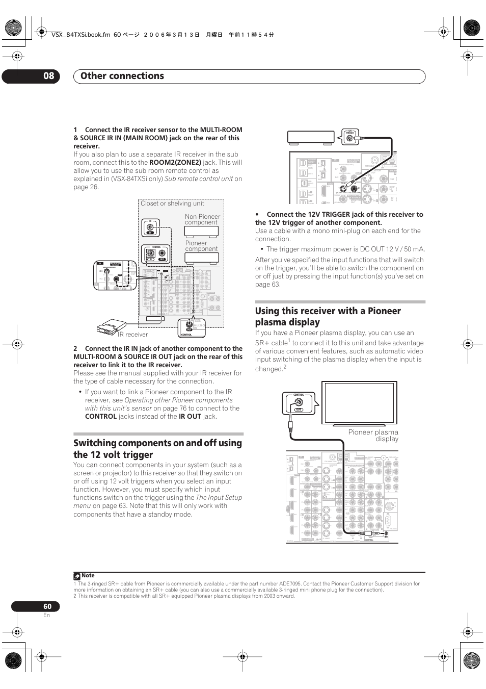 Other connections 08, Using this receiver with a pioneer plasma display, Rl r | Room2(zone2), Sub remote control unit, On page 26, On page 76 to connect to the, Control, Jacks instead of the, Ir out | Pioneer VSX-82TXS-S User Manual | Page 60 / 92