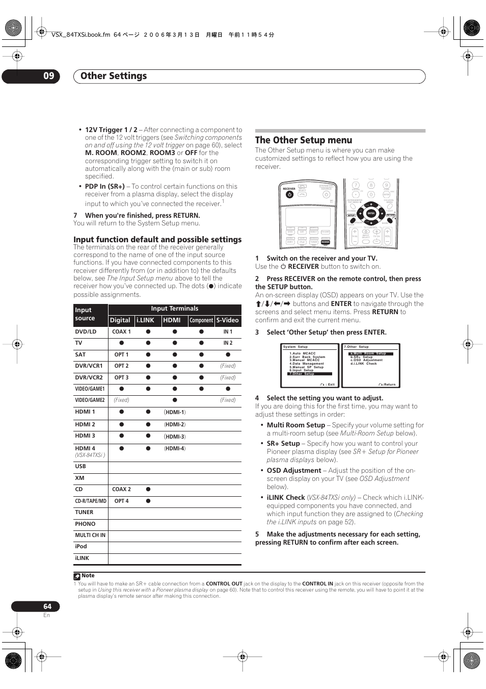 Input function default and possible settings, The other setup menu, Other settings 09 | Pioneer VSX-82TXS-S User Manual | Page 64 / 92