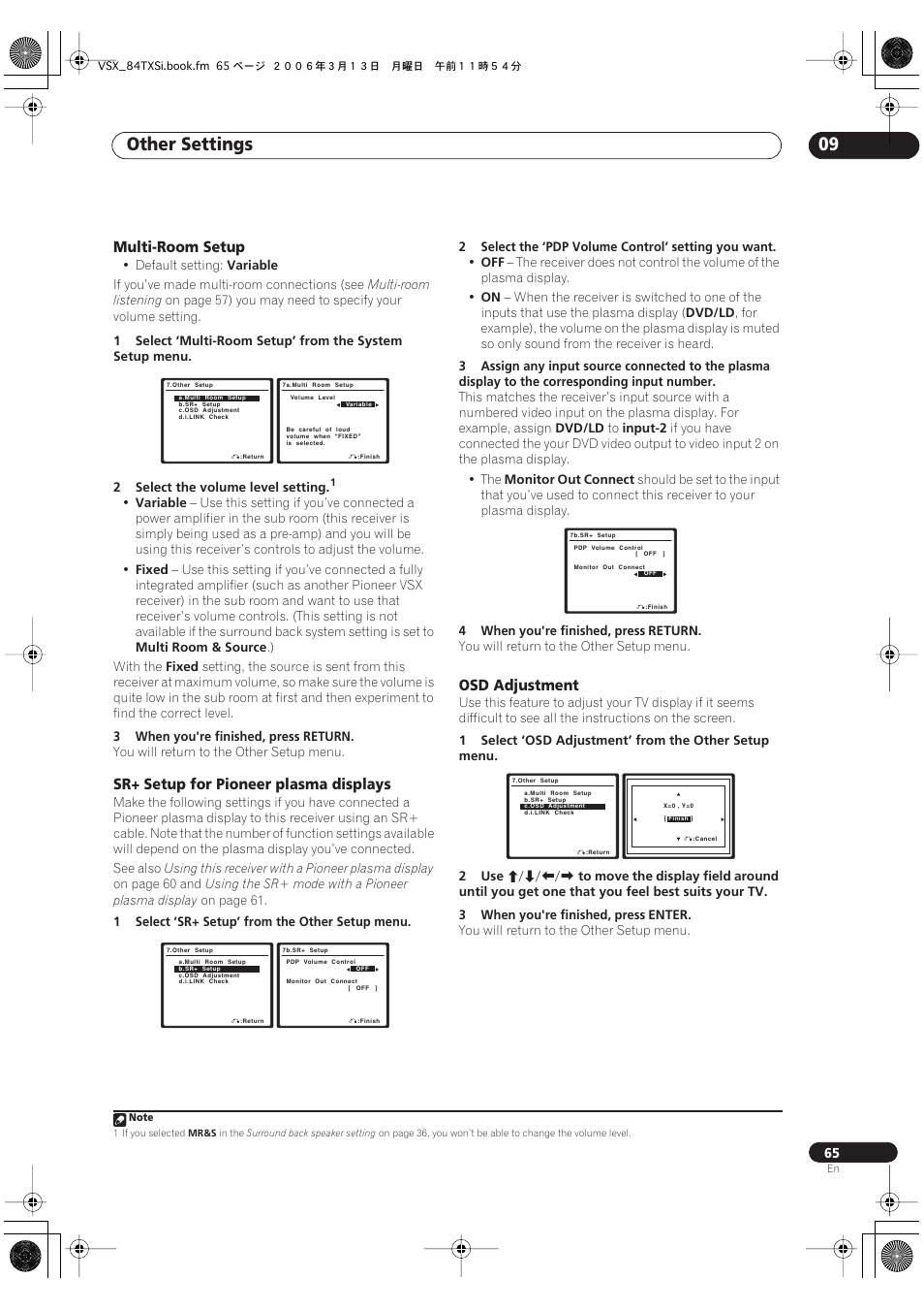 Other settings 09, Multi-room setup, Sr+ setup for pioneer plasma displays | Osd adjustment | Pioneer VSX-82TXS-S User Manual | Page 65 / 92