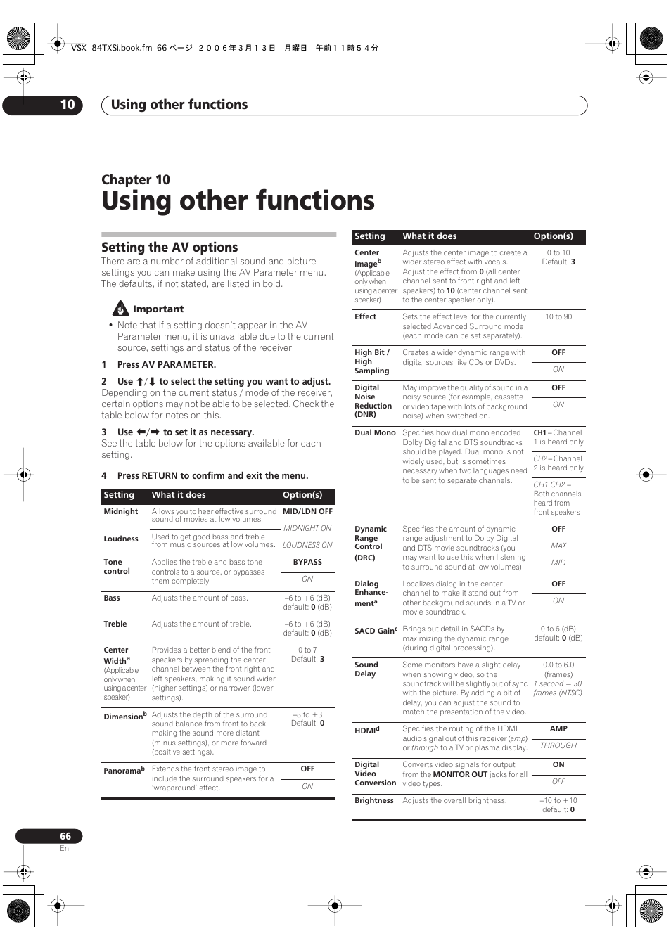 10 using other functions, Setting the av options, Using other functions | Using other functions 10, Chapter 10 | Pioneer VSX-82TXS-S User Manual | Page 66 / 92