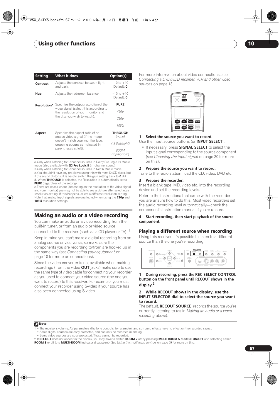 Making an audio or a video recording, Playing a different source when recording, Using other functions 10 | Pioneer VSX-82TXS-S User Manual | Page 67 / 92